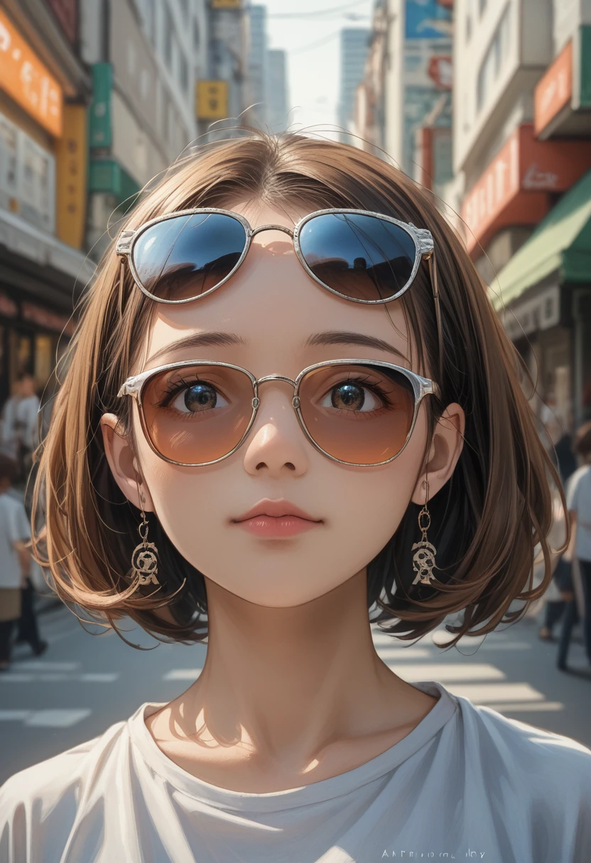 Arafed woman in sunglasses stands on a city street, lofi artstyle, realistic anime 3d style, anime style. 8 K, 🍁 Cute, anime style mixed with fujifilm, work in Guweiz style, photorealistic!!!!!!! art style, lofi portrait, 🍂 Cute, realistic style, lofi girl, Realism, anime atmosphere