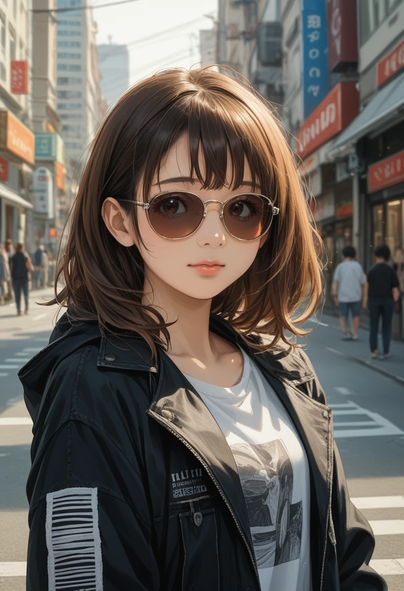 Arafed woman in sunglasses stands on a city street, lofi artstyle, realistic anime 3d style, anime style. 8 thousand., 🍁 Cute, anime style mixed with fujifilm,photorealistic!!!!!!! art style, lofi portrait, 🍂 Cute, realistic style, lofi girl, Realism, anime vibes,full detailed,Clear drawing,Wallpaper 8k