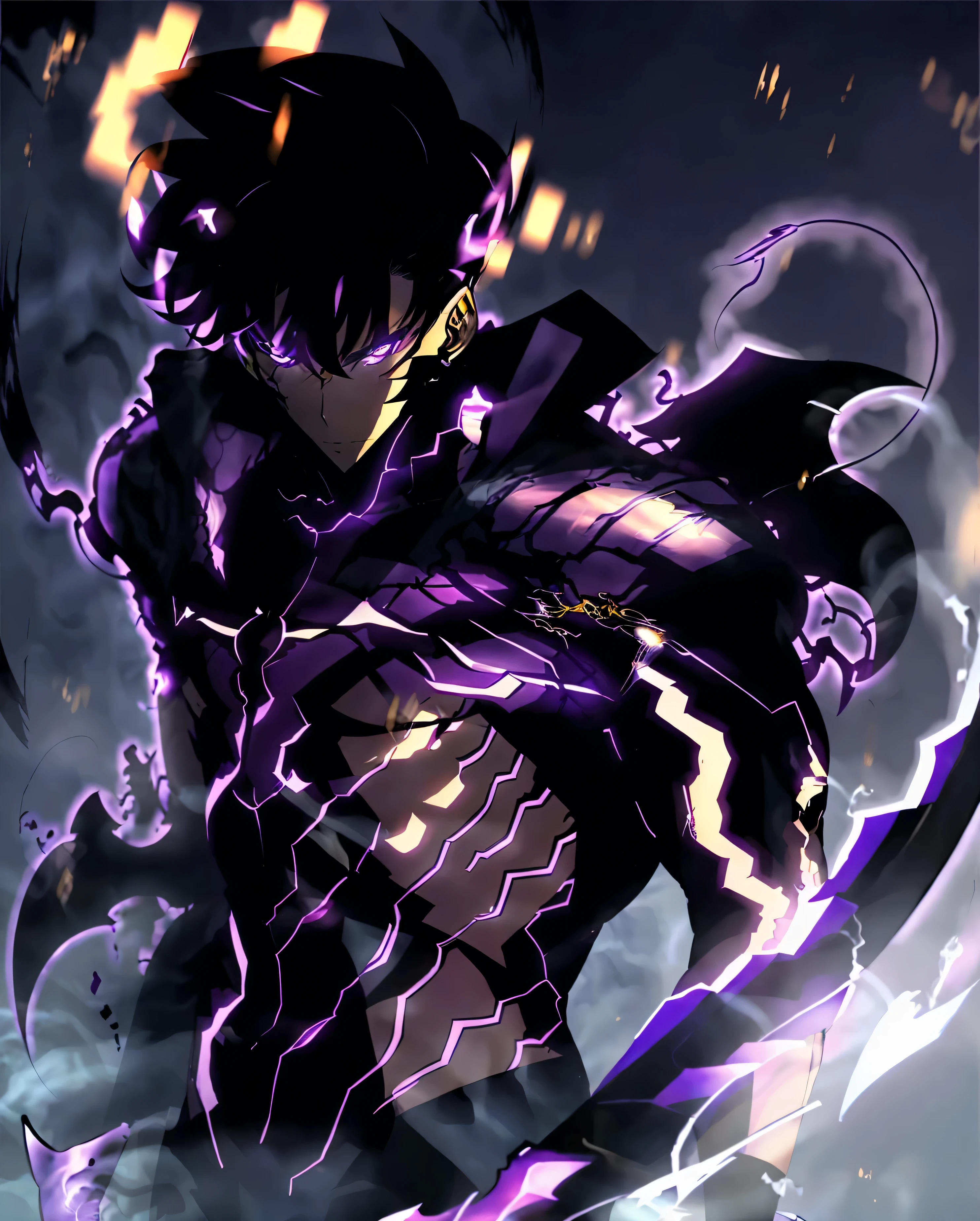 1 man 20 years old, handsome body, cool face, black hair, purple eyes, trained, black suit, dark city view, solo, many cool poses, holding a beautiful small sword.