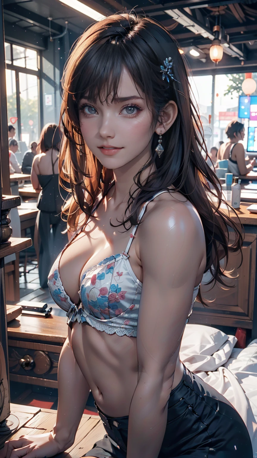 One girl, smile, (((Small breasts))), (((Bokeh))),Depth of written boundary,  Cute Face, Looking at the audience, masterpiece, Model shooting style, Cleavage, Full body portrait, Sexy pose, ((8k, RAW Photos, Highest quality, masterpiece), High Definition RAW Color Photo Pro Photo,  (Realistic, Photographic realism:1. 37), (Highest quality), (Best Shadow), (Best illustrations),  Ultra-high resolution, 非常に精細なCG統合8k壁紙, Physically Based Rendering, Cinema Lighting),