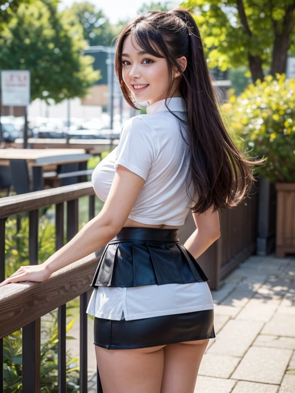 ((Highest quality, 8k)), ((masterpiece)), (Highest Resolution), Perfect Face, Girl with a tail, high school girl, Beautiful woman, public, Has one tail, She has thick thighs, a large tail, She has a chipmunk tail, She wags her tail, smile, fur collar, She wears a short skirt, Big Hips , Big Breasts, The skirt is rolled up with a big tail 