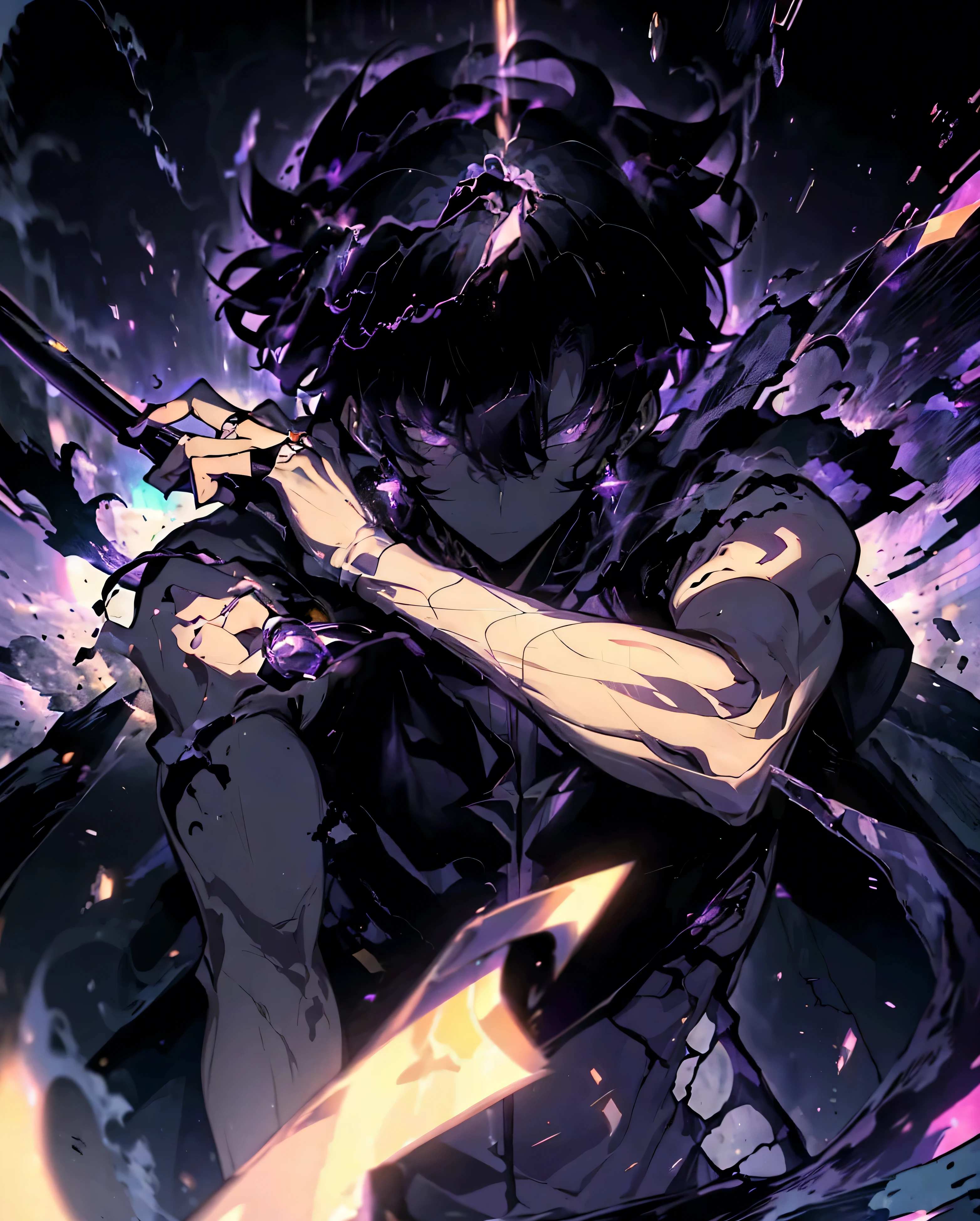 Sung Jin Woo 1 male 20 years old, handsome body, cool face, black hair, purple eyes, trained, black vest, dark city view, solo, many cool poses rushing towards the viewer, holding a sharp small sword with nice details.
