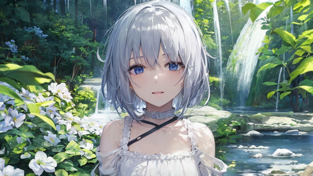 Ultra HD,Look at the viewers, Put your hands behind your back, With a girl, 20-year-old, 非常にShort Hair, Long bangs between the eyes, Pale blue eyes, Very detailed,(masterpiece、Highest quality),Gray Hair、Laughter、Fantastic, Silver Hair, Iris, Short hair、 Fluttering Hair、Small Face、明るいsmile、(Detailed face) ,Professional Lighting,Wonderful landscape,blue sky, sunlight,Looking down from above,Portraiture、Open your mouth、Flower Field、Her eyes were shining、Mysterious and enchanting atmosphere。With AI Painting、とてもShort Hair, Long bangs between the eyes, Very detailed,(masterpiece、Highest quality)、alone、Gray Hair、Fantasy, Silver Hair, Fantasyな風景、smile、Open your mouth、short hair、Short Hair、hairpin、black eye、Grey Eyes、Beautiful Eyes、Black Shirt、White hoodie