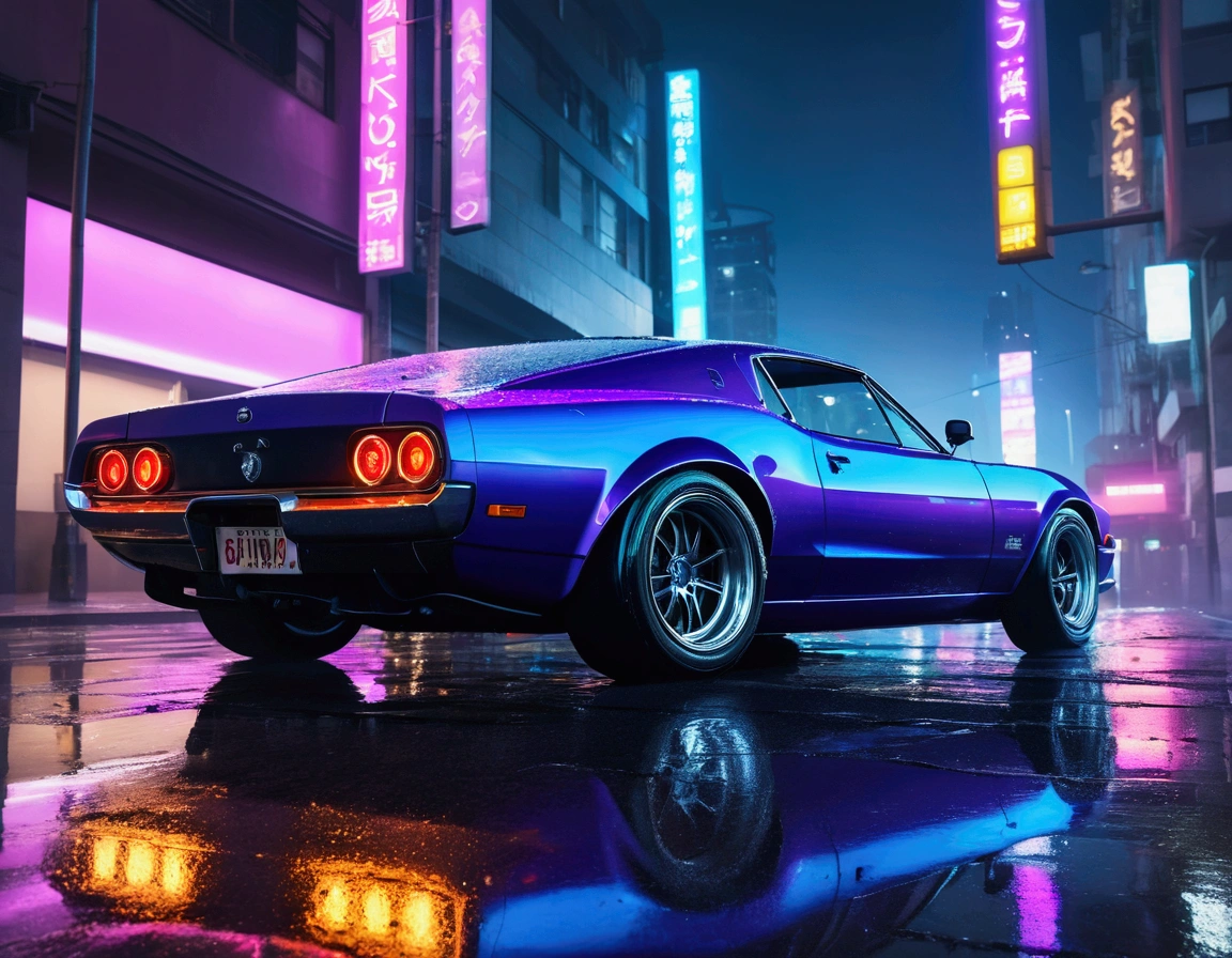 (Low Angle Shot:1.3), (From below:1.3), Illustration of a GT car drifting around a corner on a circuit, 8k resolution, The car has polished, reflective surfaces and visibly smoking tires,  Dynamic composition with the car in the center,  Focus on speed, motion Blur, detail, 