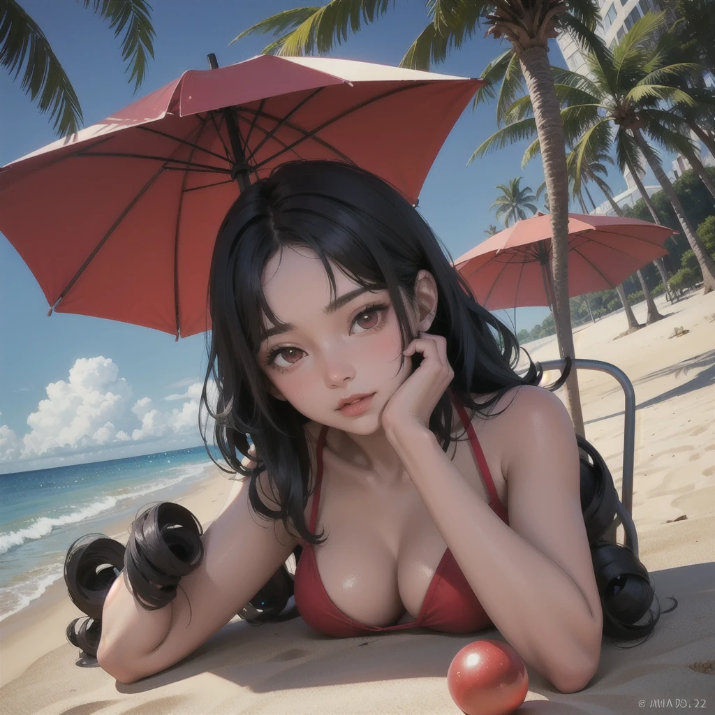 a beautiful young woman with short wavy black hair, red eyes, and dark skin, wearing a micro bikini, sitting on the beach, blushing and looking at the viewer, 2d anime style, extremely detailed, high quality, masterpiece, 4K, photorealistic