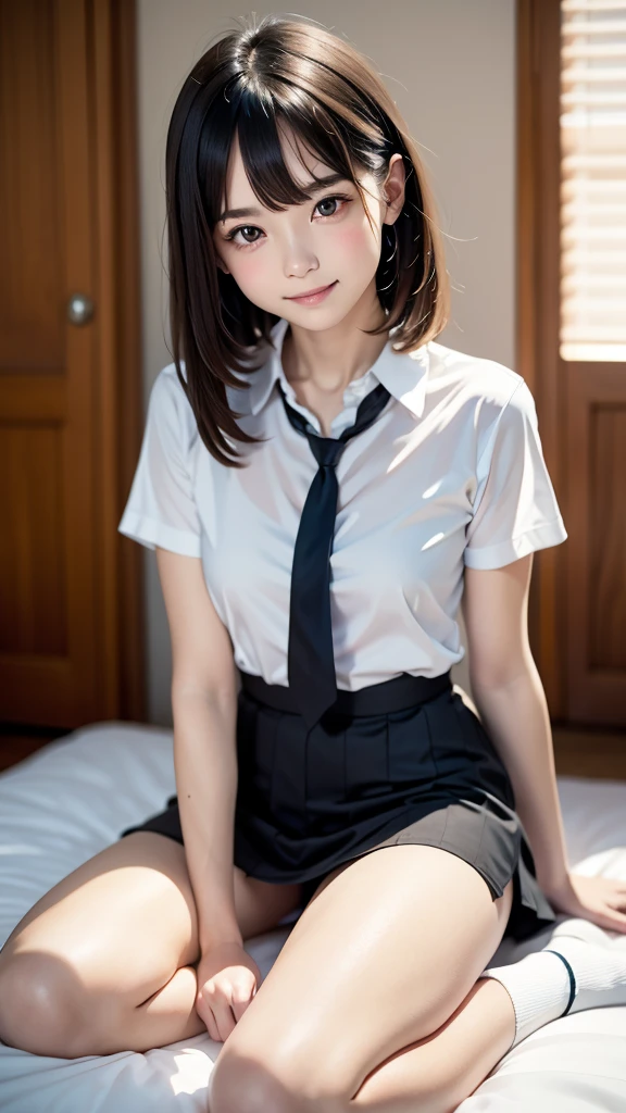 (anatomical:1.2),(Beauty of form:1.4) Golden ratio,、(1 girl:1.2), (alone:1.2), nffsw、Shaderrilliant texture work、highly detailed eyes、Very complex pupils、highest quality、game CG、stylish pose、(loose socks:1.ink hair、bright hair、shining hair、red eyes、A smile that looks like droopy eyes、small breasts、gentle smile、attractive face、sexy face、、plaid mini skirt、on the bed、physical education sitting、pink blush、loose long hair、loose and fluffy hair