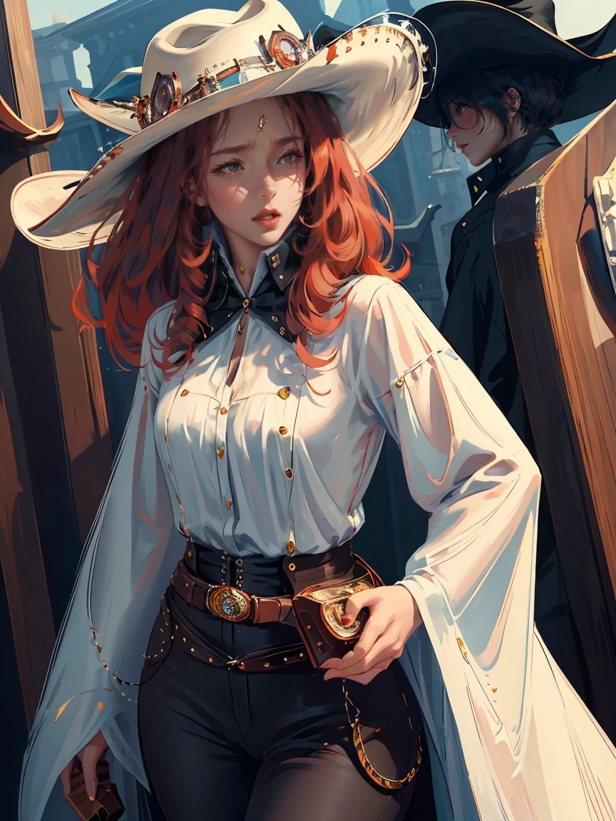 Long dark red hair, brown eyes, gloss lips, front look, close up, portrait, beautiful eyes, wearing a male white suit, big white, curly hair cut, clear skin, young 30 years girl, adult girl, solo, very long hair, ankle length hair, handsome older WOMAN,Hyperresolution,accuracy,Detailed rendering,(Image of fine hair)(topquality)(Masterpieces of masters)(High degree of completeness)(A sense of atmosphere)tmasterpiece,Super detailed and super detailed(((half-body portrait)))(((Older woman))) (((Western girl))), (((Cowgirl))) (((Cowboy hat))) (((Gunslinger)))(((Better hands)))(((Black outfit)))