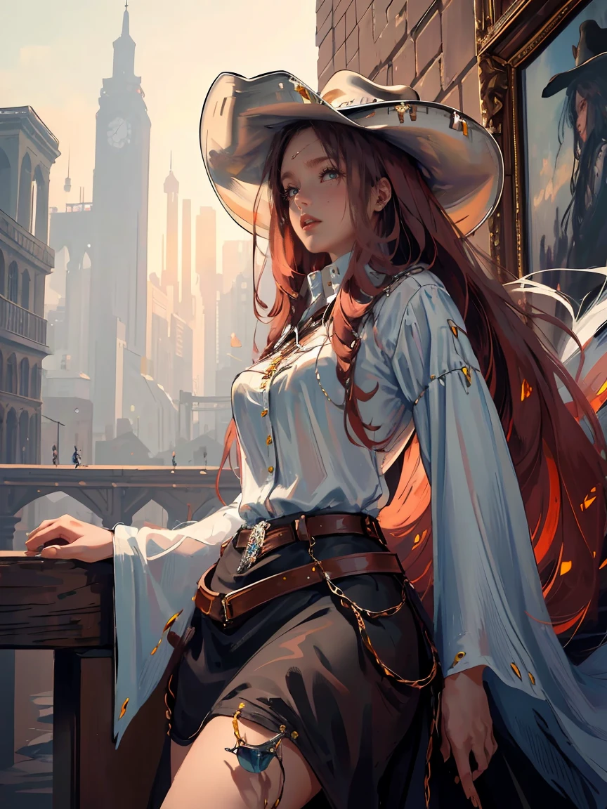 Long dark red hair, brown eyes, gloss lips, front look, close up, portrait, beautiful eyes, wearing a male white suit, big white, curly hair cut, clear skin, young 30 years girl, adult girl, solo, very long hair, ankle length hair, handsome older WOMAN,Hyperresolution,accuracy,Detailed rendering,(Image of fine hair)(topquality)(Masterpieces of masters)(High degree of completeness)(A sense of atmosphere)tmasterpiece,Super detailed and super detailed(((half-body portrait)))(((Older woman))) (((Western girl))), (((Cowgirl))) (((Cowboy hat))) (((Gunslinger)))(((Better hands)))(((Black outfit)))
