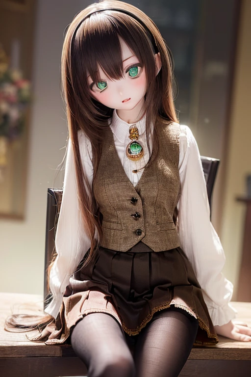 (SFW:2), photorealistic, realistic photo, 8k, ((highest quality)), ((masterpiece)), (extremely detailed), kukolnydom, doll, (mature woman, 21yo, 21 years old, solo:1.6), ((cowboy shot, sitting on chair, head tilt, slim, slender, skinny, medium breasts, hairband, ascot, vest, blouse, long puff sleeves, pleated skirt, black pantyhose)), (green eyes, brown hair, long hair, plastic skin, looking at another, glass eyes, gradient eyes, shining eyes, detailed eyes:1.3)