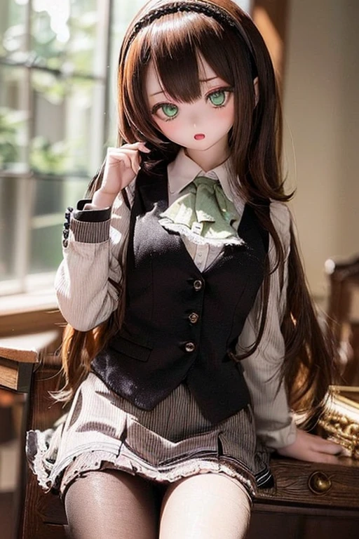 (SFW:2), photorealistic, realistic photo, 8k, ((highest quality)), ((masterpiece)), (extremely detailed), kukolnydom, doll, (mature woman, 21yo, 21 years old, solo:1.6), ((cowboy shot, sitting on chair, head tilt, slim, slender, skinny, medium breasts, hairband, ascot, vest, blouse, long puff sleeves, pleated skirt, black pantyhose)), (green eyes, brown hair, long hair, plastic skin, looking at another, glass eyes, gradient eyes, shining eyes, detailed eyes:1.3)