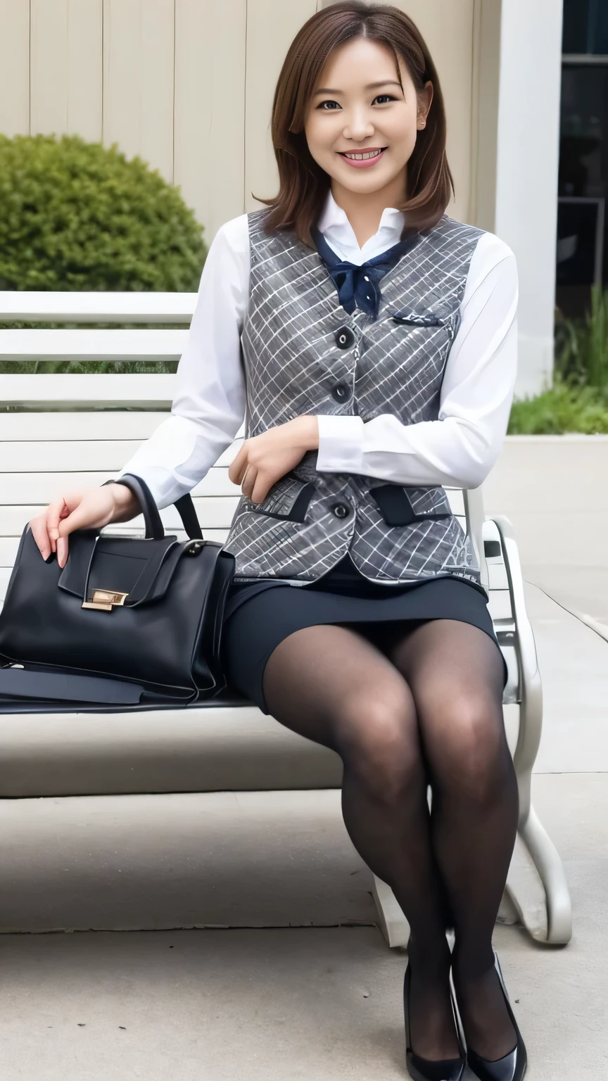 Highest quality、8k、masterpiece、Ultra-high resolution、Clear photos、Professional Lighting、Natural light、Realistic,、Highly detailed skin、Perfect Anatomy、One Woman、30 years old、Baby Face:1.6、Large Breasts、Glamour、Bob Hair、Brown Hair、Beautiful Hair、smile、((Office Uniforms))、((Checked office vest:1.2))、((Tight mini skirt:1.2))、((Perfect Pantyhose:1.2))、((Black Pantyhose))、blue sky、at the park、((Sitting on a bench))、((Full Body Shot:1.1))