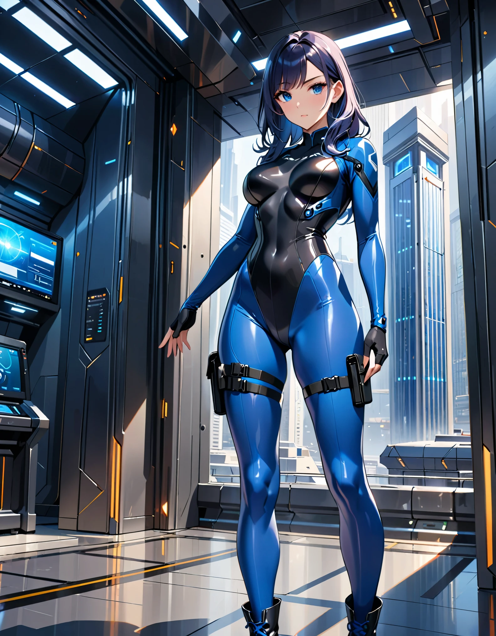 masterpiece, highly detailed, best quality, high quality, 1girl, (solo, solo focus), beautiful detailed eyes, beautiful detailed face, (perfect hands, complete fingers), perfect anatomy, perfect proportions, detailed shadows, detailed light, (blue skintight bodysuit, (black leotard), thigh holster, thigh strap), (full blue pantyhose, skintight blue leggings, perfect fit), matching boots, full body, serious, full body costume design. hi-tech spy building, indoors.