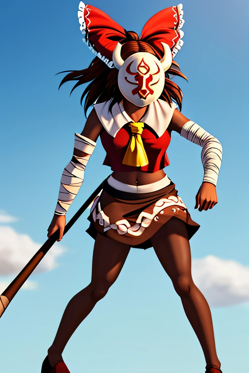 Hilichurl, Hilicostume, Hilichurl mask, white horned mask, mane, mask on face, long pointy ears, black skin, topless, bandaged arm, navel, brown skirt, skull ornament, bandaged legs, colored skin, brown hair, red_bow, hair_bow, hakurei_reimu_touhou