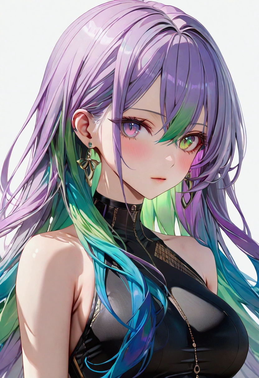 multicolored hair, purple hair, blue hair, green hair, gradient hair, multicolored eyes, slender and athletic built, UHD, masterpiece, super detail, best quality, 8k
