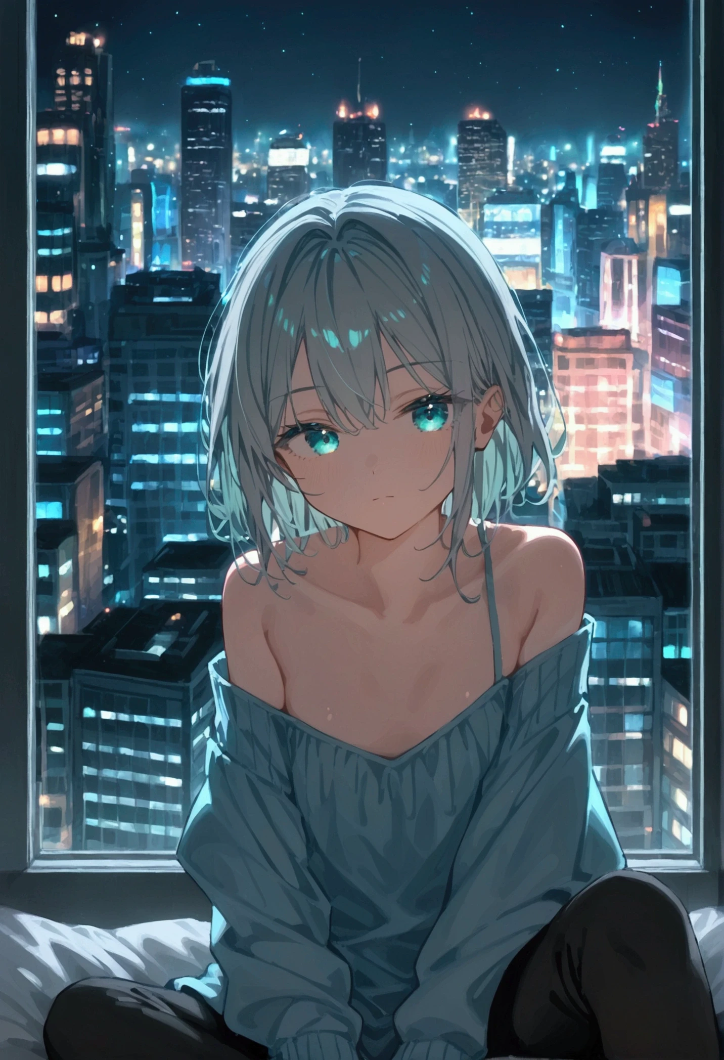 (masterpiece), Highest quality, Cyan eyes, Light grey hair, Expressive eyes, Jorhaya, Sitting in a high-rise apartment room, Night Sky, Cityscape, View your viewers, City lights, window, highlight, Dramatic Light, Calm face,