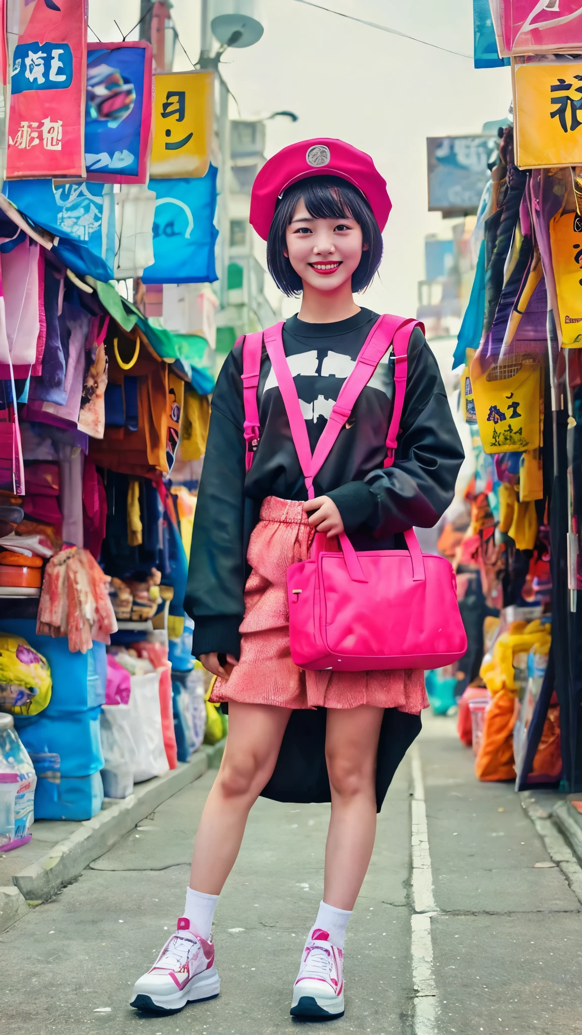 Moisturized skin, realistic body, (16 years old), (girl), earrings, (cute face), cheerful smile, 90s hip hop outfit,
BREAK,
bright red lipstick, beautiful hair, gradient hair, short hair,
BREAK,
(masterpiece, highest quality, high resolution, highly detailed), (full body: 1.2), symmetrical, one shot,
BREAK,
(wind blowing), Taiwan night market,
BREAK,
fantastic, dynamic, (selfie), (fisheye lens), neon, cyberpunk movie, selfie, cyberpunk city, hat, iPhone, street snap, bag, travel,