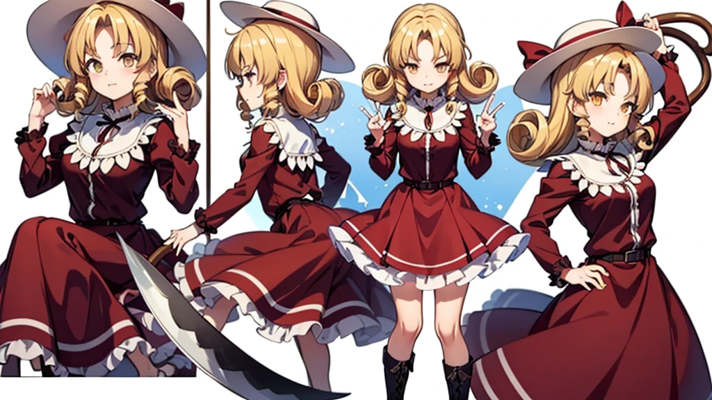 a drawing of an anime character in a red dress and boots with a large scythe, ((high end)), (UHD picture), (best quality,4k,8k,highres,masterpiece:1.2), top-quality(masterpiece), top-quality, ultra-detailed, highly detailed texture, intricate details, high quality textures, masterpiece, best quality, perfect quality, perfect anatomy, perfect body, perfect symmetrical face, 1 beautiful girl, 1 girl, alone, solo, , 10 years old, (((loli))), ((childish)), hat, white hat, blonde hair, long hair, parted bangs, drill hair, well-formed face, yellow eyes, maxi dress, red dress, dress, long sleeves, frills, long skirt, simple background, scythe, holding scythe, holding, white socks, smile, cute face, beautiful, holding scythe, from behind, to lift up one’s skirt, cowboy shot, from front, standing , raise one leg, crossed arms, arms up behind, arms behind back, hand between legs, put hands hip, one hand on hip, forward hands, arms raised in the air, punch hands, peace sign, waving, put up index finger, sit, lie down, closed eyes, lie face down, looking back, put one hand chest, leaning forward, cleavage, close up, horizontally outstretched arms, horizontally outstretched legs, front view, front face, huge breasts for short stature, cleavage is clearly visible ,G-Cup, heart hands
