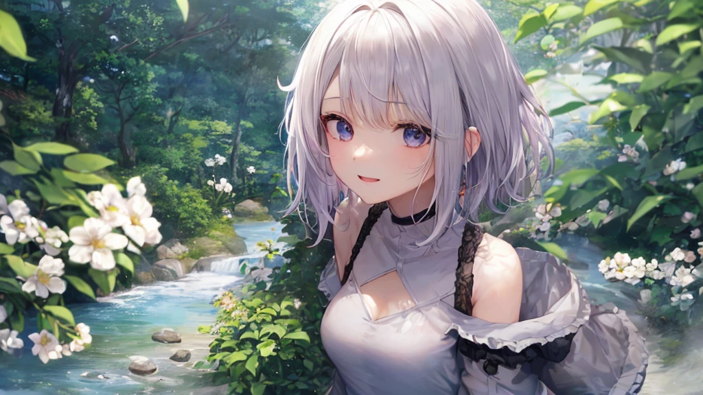 Ultra HD,Look at the viewers, Put your hands behind your back, With a girl, 20-year-old, 非常にShort Hair, Long bangs between the eyes, Pale blue eyes, Very detailed,(masterpiece、Highest quality),Gray Hair、Laughter、Fantastic, Silver Hair, Iris, Short hair、 Fluttering Hair、Small Face、明るいsmile、(Detailed face) ,Professional Lighting,Wonderful landscape,blue sky, sunlight,Looking down from above,Portraiture、Open your mouth、Flower Field、Her eyes were shining、Mysterious and enchanting atmosphere。With AI Painting、とてもShort Hair, Long bangs between the eyes, Very detailed,(masterpiece、Highest quality)、alone、Gray Hair、Fantasy, Silver Hair, Fantasyな風景、smile、Open your mouth、short hair、Short Hair、hairpin、black eye、Grey Eyes、Beautiful Eyes、Black Shirt、White hoodie
