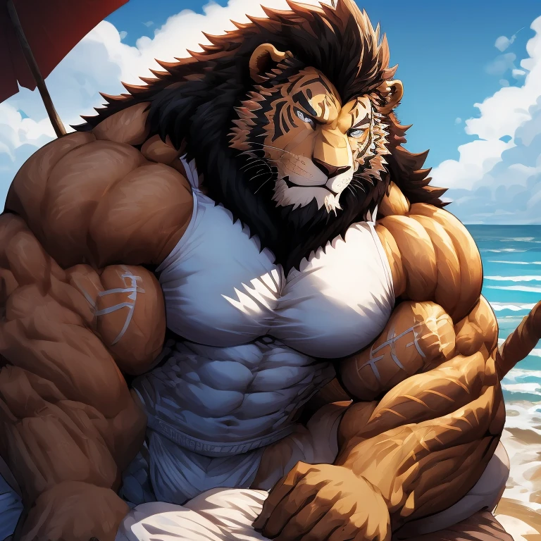 a close up of a man with a lion head on a beach, gigachad muscular, sfw version, muscular! fantasy, baki style, muscular!!, baki, fleshy musculature, muscular thighs, swollen muscles, muscular character, baki the grappler, (sfw) safe for work, pov furry art, most strongest pose