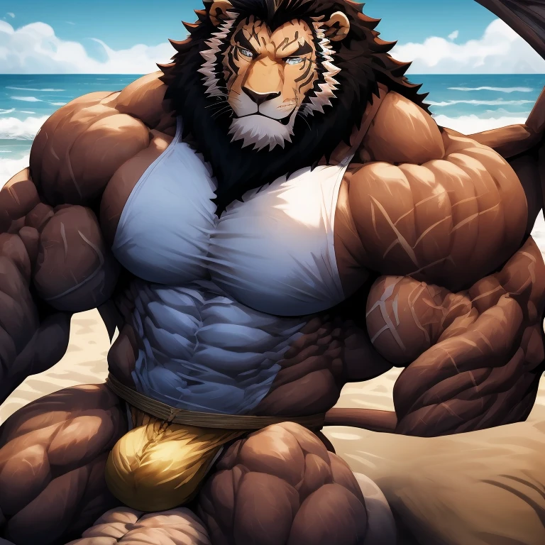 a close up of a man with a lion head on a beach, gigachad muscular, sfw version, muscular! fantasy, baki style, muscular!!, baki, fleshy musculature, muscular thighs, swollen muscles, muscular character, baki the grappler, (sfw) safe for work, pov furry art, most strongest pose