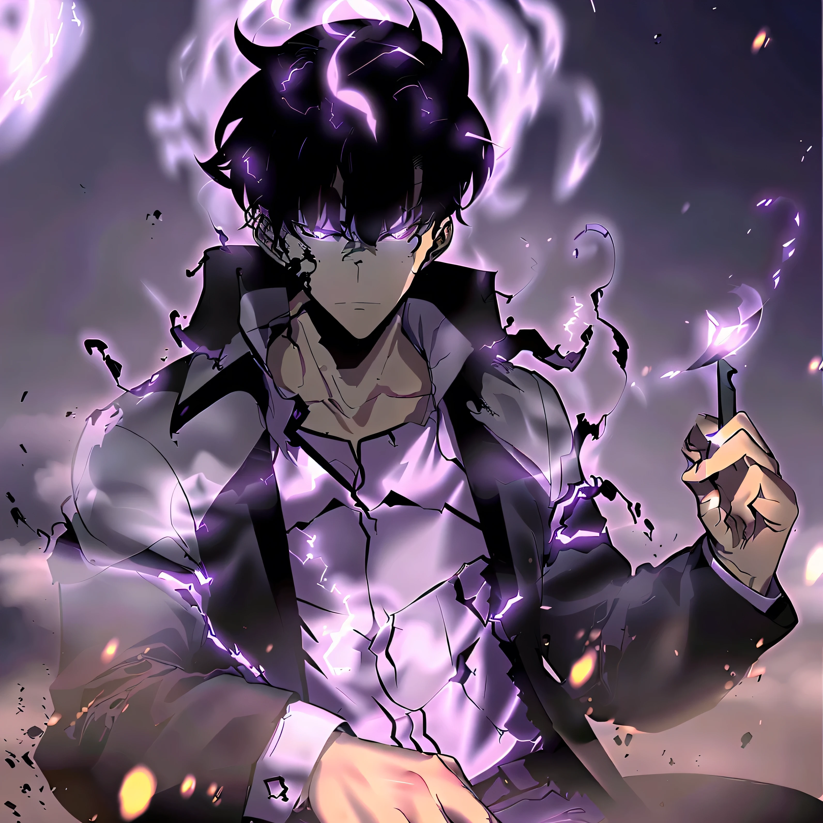 1girl,solo leveling, sung jinwoo,1male, hight resolution,hiquality,Realistic, Masterpiece,has a purple aura outside of clothing, in a black suit, black hair, angry ,hunger, Perfect fingers,Face to Face