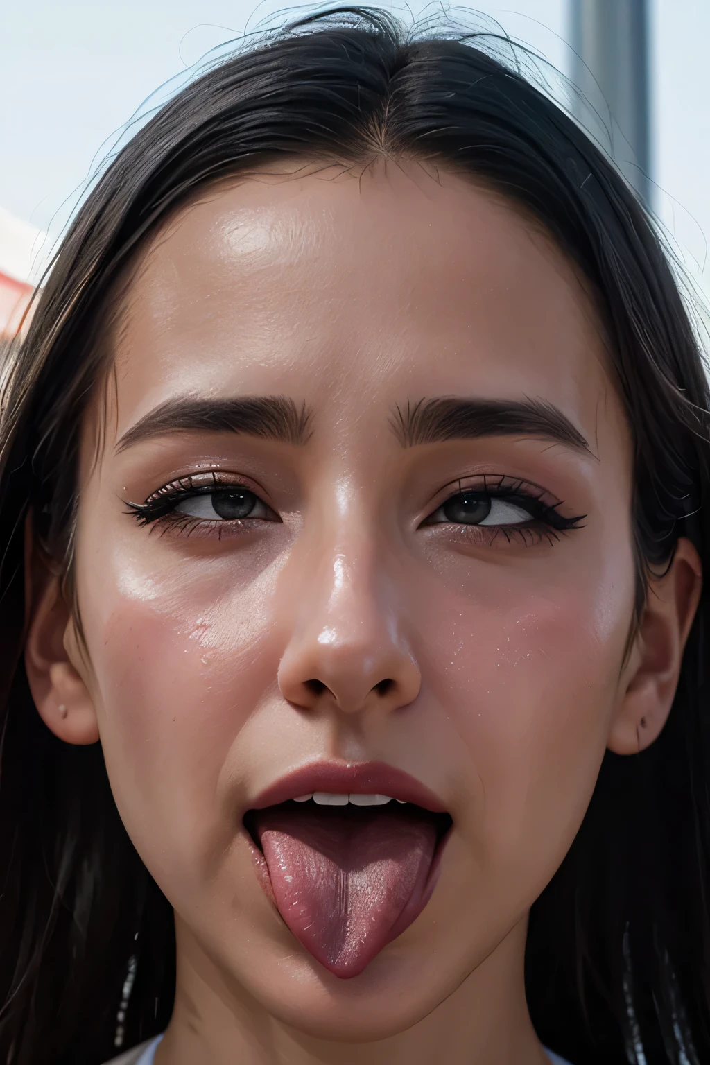 Tabletop,High resolution,High resolution, Award-winning photo, Realistic skin texture,Very detailed, Keep your eyes sharp and focused, Nose and mouth,Face Focus, Woman with open mouth and closed eyes, Black camisole、Age 35,Black-haired、Symmetrical face,Realistic nostrils、Angle from below、Elongated C-shaped nostrils,,,Browsing Caution,White Background、Sweaty skin、Lighting that accentuates skin that shines with sweat、Skin shiny with sweat、Glowing Skin、Sweaty hair、Ball gag、sunlight、Olympic Venues,Outdoor,