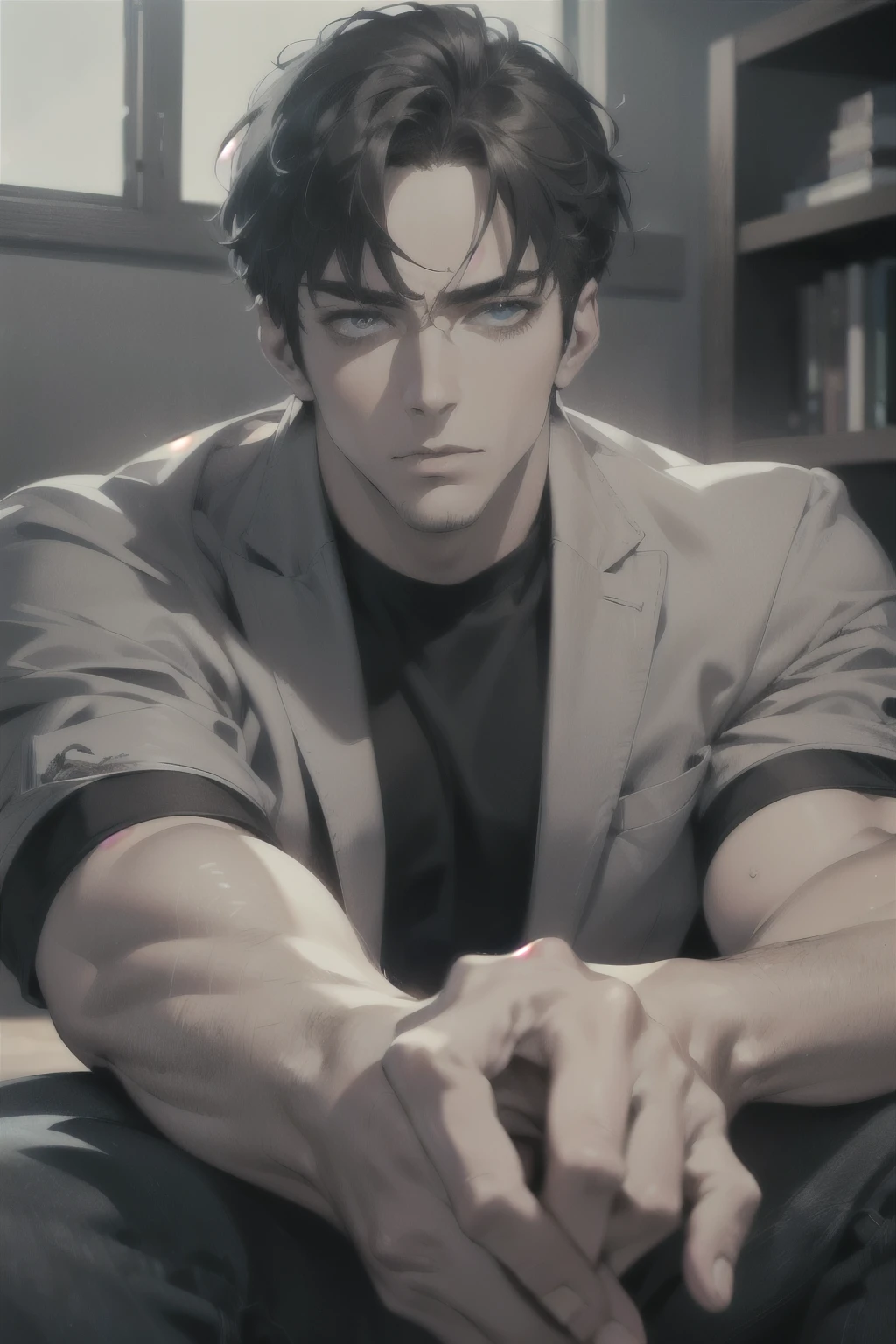 (Best Quality,4k,8k,High resolution,masterpiece:1.2),ultra detailed,(realist,photorealist,photo-realist:1.37),1 man,31 years,mature man,very handsome,big body,muscular,without expresion,short gray black hair,blue eyes,glare,perfect face without mistakes,imposing posture,cinematic lighting,imagen HDR