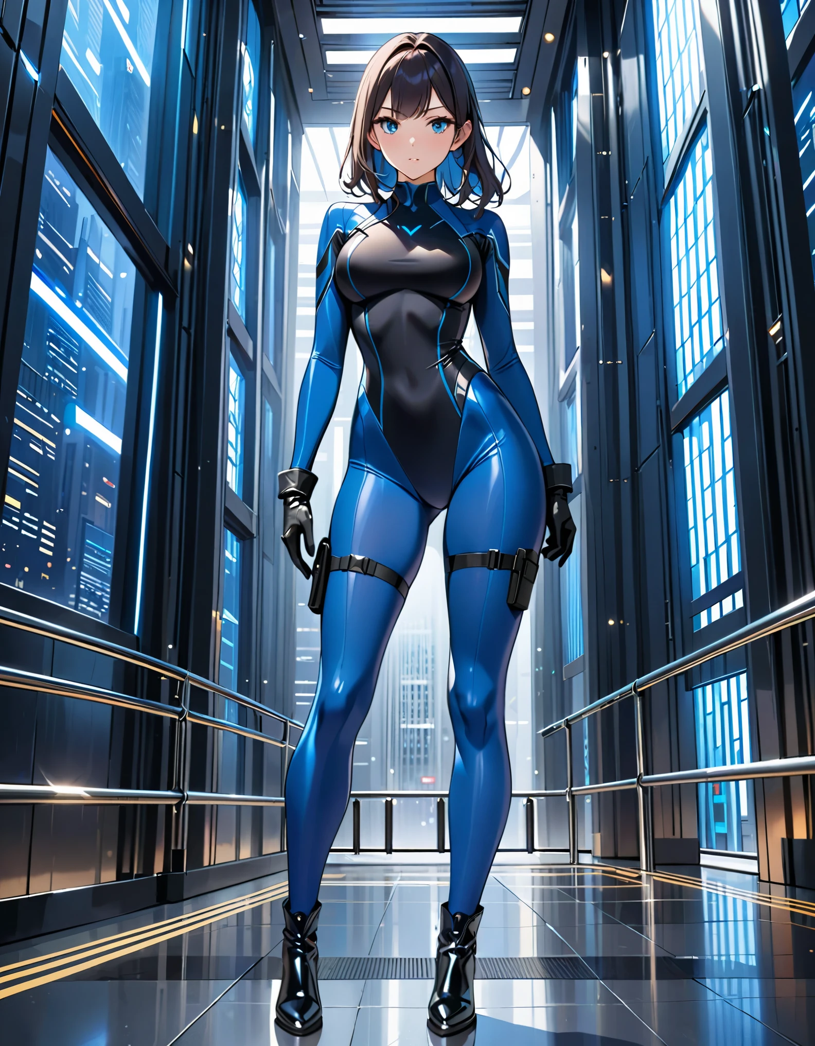 masterpiece, highly detailed, best quality, high quality, 1girl, (solo, solo focus), beautiful detailed eyes, beautiful detailed face, (perfect hands, complete fingers, black matching gloves), perfect anatomy, perfect proportions, detailed shadows, detailed light, (blue skintight bodysuit, (black leotard), thigh holster, thigh strap), (full blue pantyhose, skintight blue leggings, perfect fit), matching boots, full body, serious, full body costume design. hi-tech spy building, indoors.