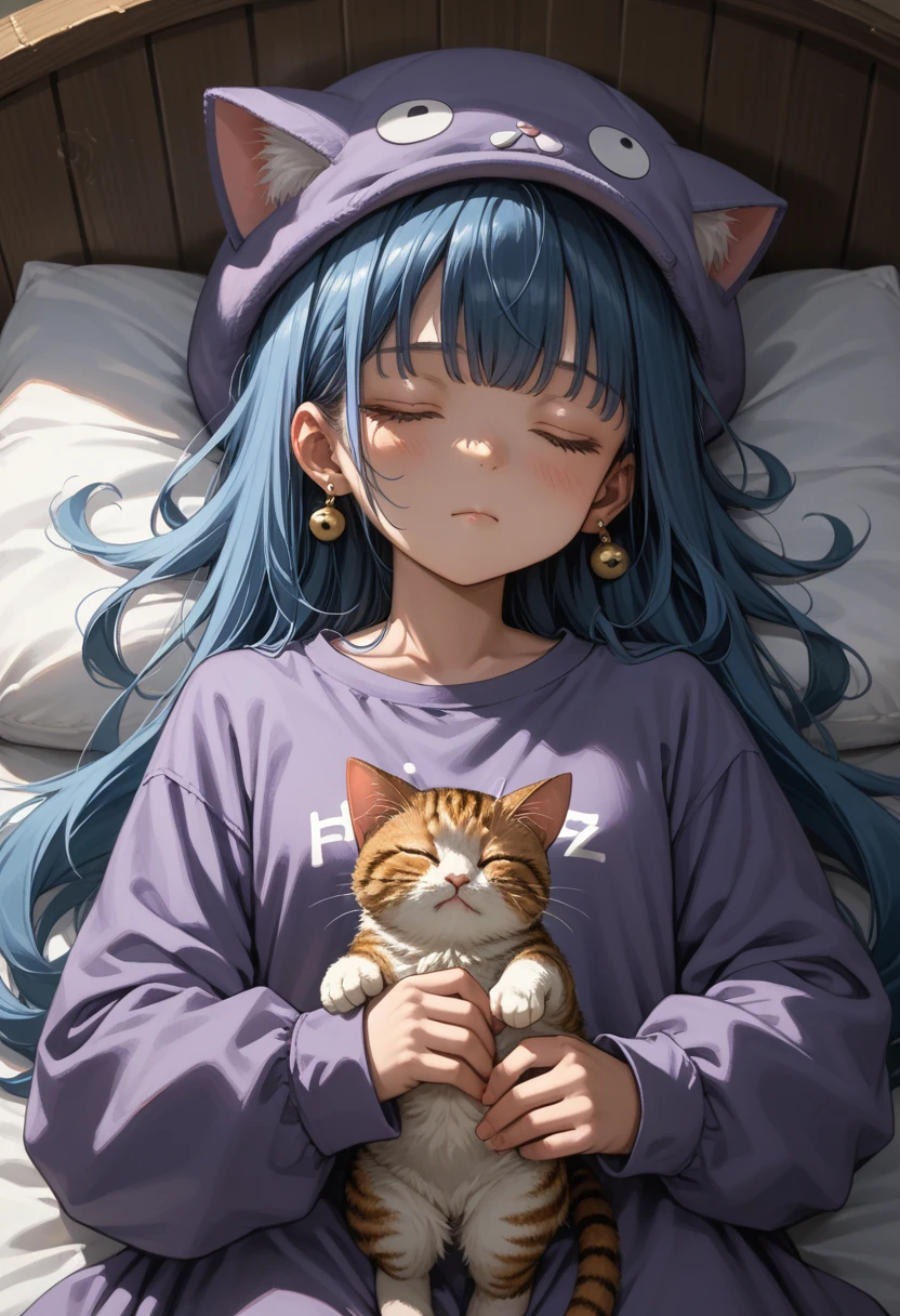 score_9, score_8_up, score_7_up, 20yo ,animal_ears,rinna_\(di_gi_charat\),solo,di_gi_charat_nyo!,robonormal,jewelry,fake_animal_ears,1girl,long_sleeves,sleeping,blue_hair,purple_shirt,hat,animal_hat,shirt,highres,zzz,di_gi_charat,cat_ears,long_hair,earrings,closed_mouth,cat_hat,closed_eyes