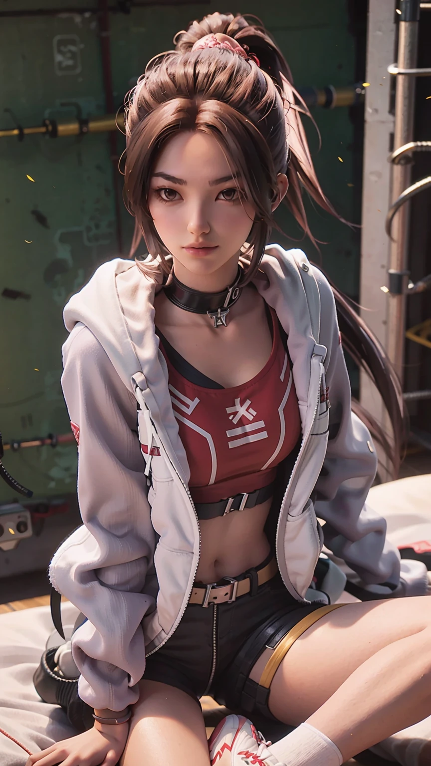 a beautiful young woman with brown eyes and brown hair, sitting cross-legged on a bed, one leg slightly raised, wearing black shorts, a red tank top, an open white jacket, white thigh-high socks, and sneakers, against a fiery background, in an athletic pose