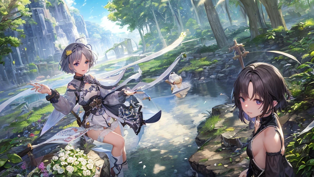 Ultra HD,Look at the viewers, Put your hands behind your back, With a girl, 20-year-old, 非常にShort Hair, Long bangs between the eyes, Pale blue eyes, Very detailed,(masterpiece、Highest quality),Gray Hair、Laughter、Fantastic, Silver Hair, Iris, Short hair、 Fluttering Hair、Small Face、明るいsmile、(Detailed face) ,Professional Lighting,Wonderful landscape,blue sky, sunlight,Looking down from above,Portraiture、Open your mouth、Flower Field、Her eyes were shining、Mysterious and enchanting atmosphere。With AI Painting、とてもShort Hair, Long bangs between the eyes, Very detailed,(masterpiece、Highest quality)、alone、Gray Hair、Fantasy, Silver Hair, Fantasyな風景、smile、Open your mouth、short hair、Short Hair、hairpin、black eye、Grey Eyes、Beautiful Eyes、Black Shirt、White hoodie