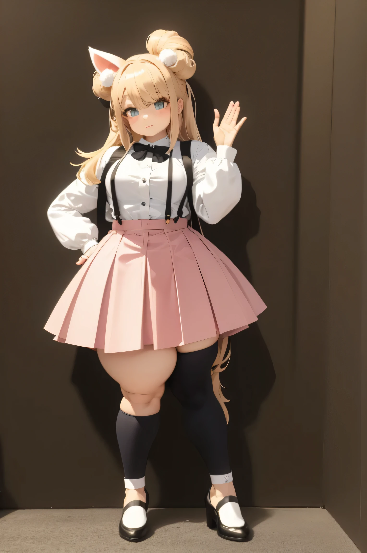 A chubby and thicc short anime girl stands confidently. Her long, fluffy rabbit ears sprout from the top of her head, adding an air of whimsy to her gyaru-inspired fashion sense. She is a bratty high school delinquent who wears a  uniform with suspenders  A jacket drapes elegantly over her shoulders, featuring puffed sleeves that add a playful touch near the wrists that are wearing a band of beads. The full-body portrait showcases her vibrant personality and style. fantasy character design,score_9