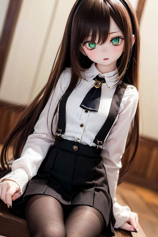 (SFW:2), photorealistic, realistic photo, 8k, ((highest quality)), ((masterpiece)), (extremely detailed), kukolnydom, doll, (mature woman, 21yo, 21 years old, solo:1.6), ((cowboy shot, sitting on chair, head tilt, slim, slender, skinny, medium breasts, hairband, ascot, vest, blouse, long puff sleeves, pleated skirt, black pantyhose)), (green eyes, brown hair, long hair, plastic skin, looking at another, glass eyes, gradient eyes, shining eyes, detailed eyes:1.3)