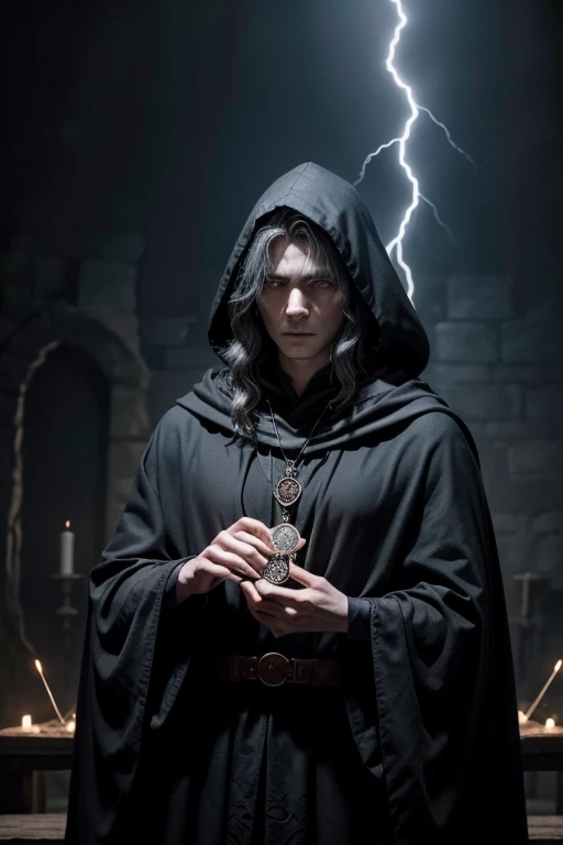 create the image of a powerful wizard, old and mysterious, medieval style, wearing a black cloak with scarlet tones and tarot elements in the dungeon-like environment. the wizard has a necklace with a pendant similar to the eye of agamotho with a ruby stone, he must be in seiza position and hold a deck of cards in his hands. His hair is gray and a shadow covers part of his face, keeping it hidden. He must stare straight ahead, as if looking at whoever sees the photo. Some lightning bolts should cross the scene as if they were summoned by the wizard and directed towards the cards in his hands