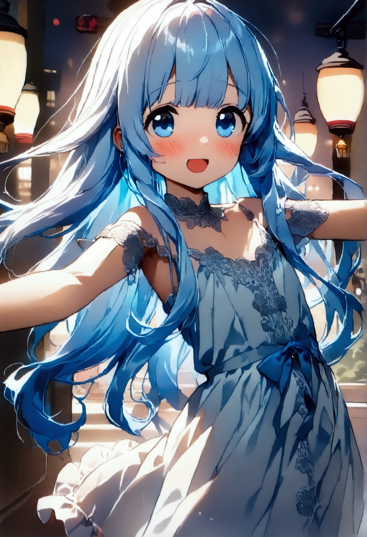 masterpiece, best quality, extremely detailed, (illustration, official art:1.1), 1 girl ,(((( light blue long hair)))), ,(((( light blue long hair)))),light blue hair, , long hair ((blush)) , cute face, masterpiece, best quality,(((((a very delicate and beautiful girl))))),Amazing,beautiful detailed eyes,blunt bangs((((little delicate girl)))),(((tareme))),droopy eyes.(true beautiful:1.2), sense of depth,dynamic angle,,,, affectionate smile, (true beautiful:1.2),,(tiny 1girl model:1.2),)(flat chest),Brilliant pyrotechnics 32K（tmasterpiece，k hd，hyper HD，32K）Spectacular fireworks display. The fireworks are huge，zydink， a color，  Asian people （Silly girl）， （Silk scarf）， Combat posture， looking at the ground， Large rolls of rouge， Flowing rouge curls，Onyx emerald tiara，black gold garment， （abstract ink splash：1.2）， Spectacular fireworks display. The fireworks are huge，Water lily flower protector（realisticlying：1.4），Rouge hair，Autumn is in full swing，The background is pure， A high resolution， the detail， RAW photogr， Sharp Re， Nikon D850 Film Stock Photo by Jefferies Lee 4 Kodak Portra 400 Camera F1.6 shots, Rich colors, ultra-realistic vivid textures, Dramatic lighting, Unreal Engine Art Station Trend, cinestir 800，Large curls，Flowing rouge