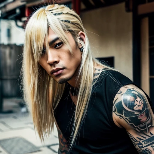 1 man, Japanese man, male, Asian eyes, muscular, broad shoulders, yakuza tattoos, hairstyle Visual Kei style, hair Visual Kei, black men's shirt and black pants, ultra detailed face, hyperrealistic, realistic representation, long hair, long hair, 30 years old, age 30 years, blond, blonde hair