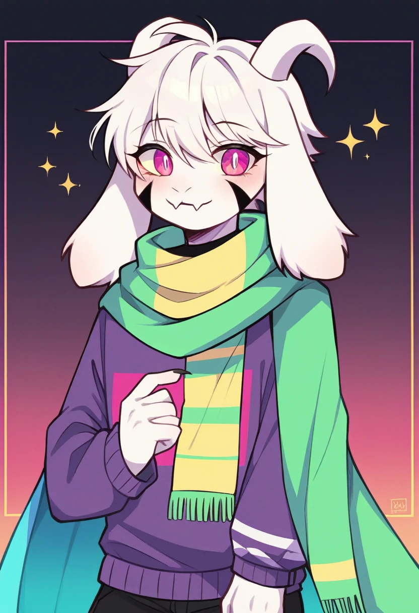 {{artist: %Zankuro%}} a black and green Deltarune character with a pink scarf, vrchat, grimdark,  neon, No lines, Anorld rendering, , super failed, supernatural colorful femboy, highley detailled face, Acetate rendering 4, fursona, príncipe do mundo grimdark, ralse, PARTICIPATION RUNE, black goat, asriel