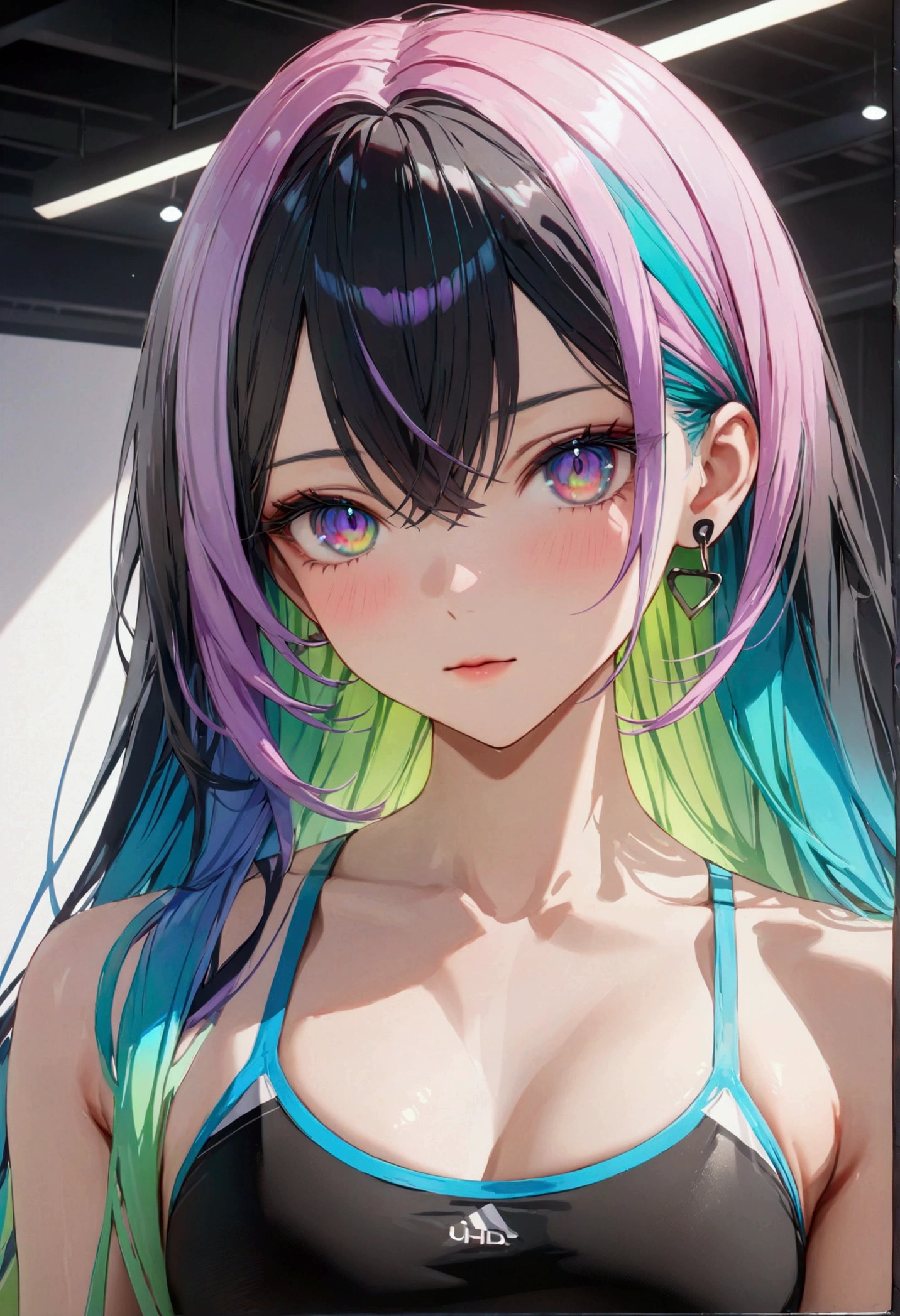 multicolored hair,mostly black hair, purple hair, blue hair, green hair, gradient hair, multicolored eyes, slender and athletic built, UHD, masterpiece, super detail, best quality, 8k