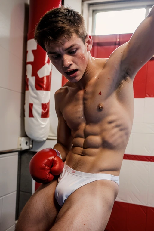 18 year old white boy with red speedo boxing,with facial expression of pain