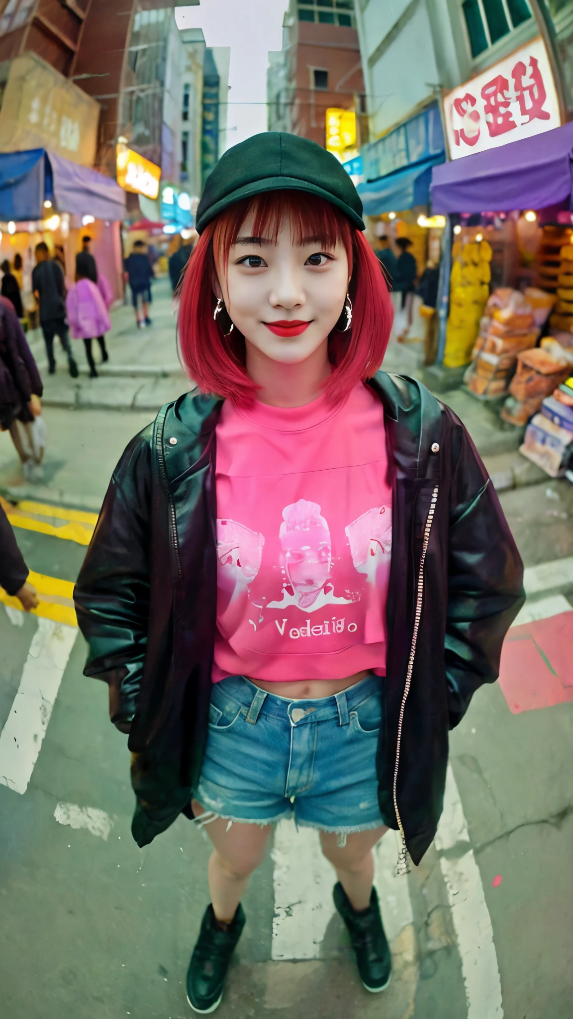 Moisturized skin, realistic body, (16 years old), (girl), earrings, (cute face), cheerful smile, 90s hip hop outfit,
BREAK,
bright red lipstick, beautiful hair, gradient hair, short hair,
BREAK,
(masterpiece, highest quality, high resolution, highly detailed), (full body: 1.2), symmetrical, one shot,
BREAK,
(wind blowing), Taiwan night market,
BREAK,
fantastic, dynamic, (selfie), (fisheye lens), neon, cyberpunk movie, selfie, cyberpunk city, hat, iPhone, street snap, bag, travel,