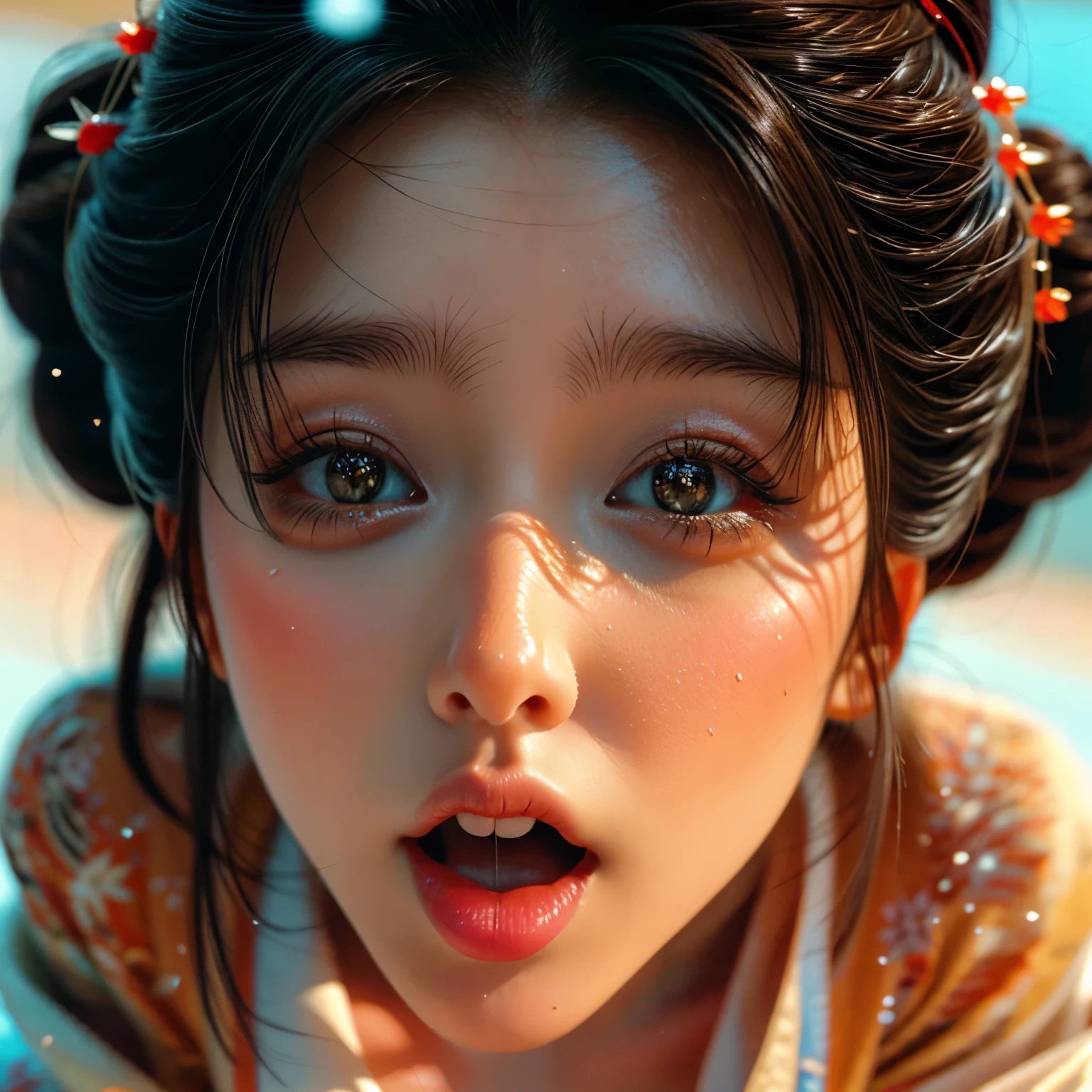 ExtremelyDetailed Kawaii girl Face, (Close-up Sweet lips) glossy lips with beautiful details, (Coquettish tongue Moving as if (Kissing) to camera), an extremely delicate and beautiful (8K TopQuality Masterpiece of Ultra-detailed(ProfessionalPhoto:1.37)), {Amazing|finely detail|official art|incredibly absurdres} (close-up:1.2), fish eye lens (wide lens) macro lens, Detailed reflective Eyes ElaboratePupils with (sparkling highlights:1.28) (Delicate Voluminous LongEyelashes:0.88), {(Lying Back from Directly Above:1.28)|Visible back of throat|String of saliva drip|(naked shoulder:1.32)}, (Dripping juice on tongue:1.23) snow particles