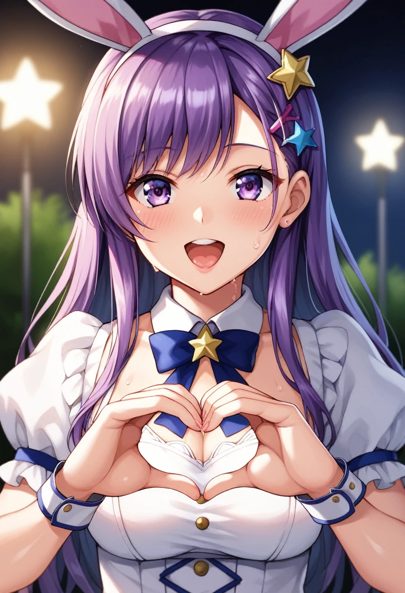 One girl, hoshinoai, alone, Purple Hair, Purple eyes, Long Hair, (star-shaped psuperiorils), one side superior, BREAK Idol, Puff sleeves, puffy short sleeve, bunny hair ornaments, hair ornaments, star hair ornaments, Gradient Dress, White Dress, Pink Dress, BREAK FACING THE VIEWERS, heart hands, heart, Shine, superiorper body, close-superior, tooth, Sweat, Close one eye, Open your mouth, Destroying the Stage, glowsticks, Stage lighting, Blurred Background, Depth of written boundary, Backlight, BREAK
score_9, score_8_superior, score_7_superior, score_6_superior, anime,
(high quality, detailed, beautiful), Shiny, detailed beautiful eyes, Extraordinary, Countershading, detailed soft lighting