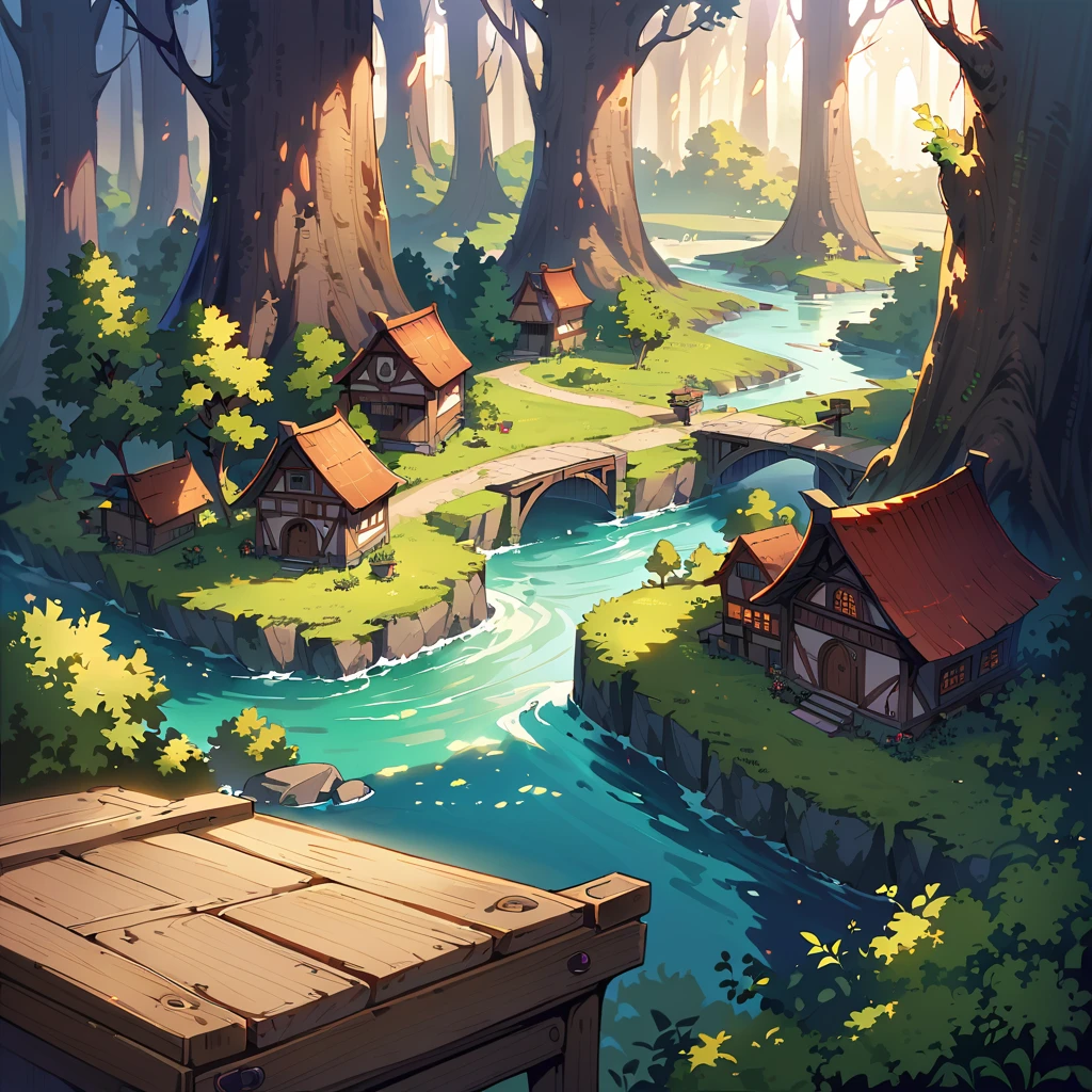 Tabletop RPG Maps, A village surrounded by a deep and mysterious forest, high quality, Incredible detail and captivating atmosphere. Add dramatic lighting elements and shadowakes the scene more immersive. The road leads to the village