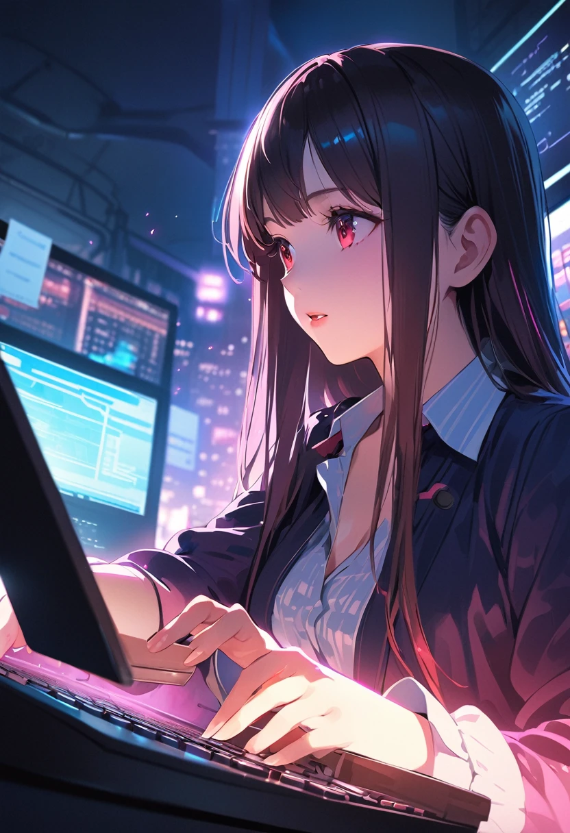 Digital Art,Fantasy、Real、Anime style illustrations,High quality、Detailed Description、A woman in her twenties is typing in the office、Distinct colors、Glowing Skin, Cinematic Lighting Effects