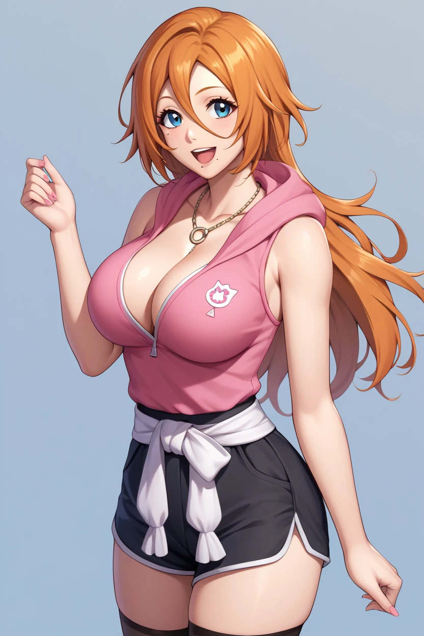 score_9, score_8_up, score_7_up,score_6_up, score_5_up, score_4_up , 1girl, solo, inoue orihime, long hair, orange hair, brown eyes, thighhighs, shorts, sleeveless, hood, hoodie, pink hoodie, defran, short hair, hair between eyes, orange hair, blue eyes, mole under mouth, necklace, black robes, pink scarf, cleavage, white sash, black hakama pants, large breasts, happy, open mouth, cowboy shot, simple background