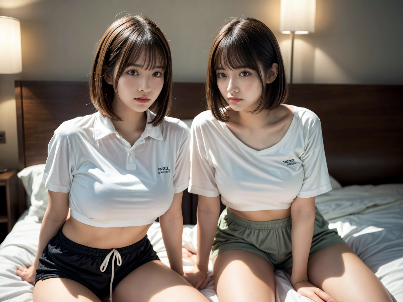 masterpiece, best quality, illustration, Super detailed, fine details, High resolution, 8K,wall paper, perfect dynamic composition,(Details High quality, realistic depiction of eyes:1.3), (2 girls), oversized sport shirt, shorts women, sitting, open legs, short bob hair, in a hotel room in the background, deep on field, large breasts, black hair color, Big Natural Color Lip, (perfect body shape), crying a little、Harajuku style、20 year old girl、cute type、beautiful legs, Gravure Idol