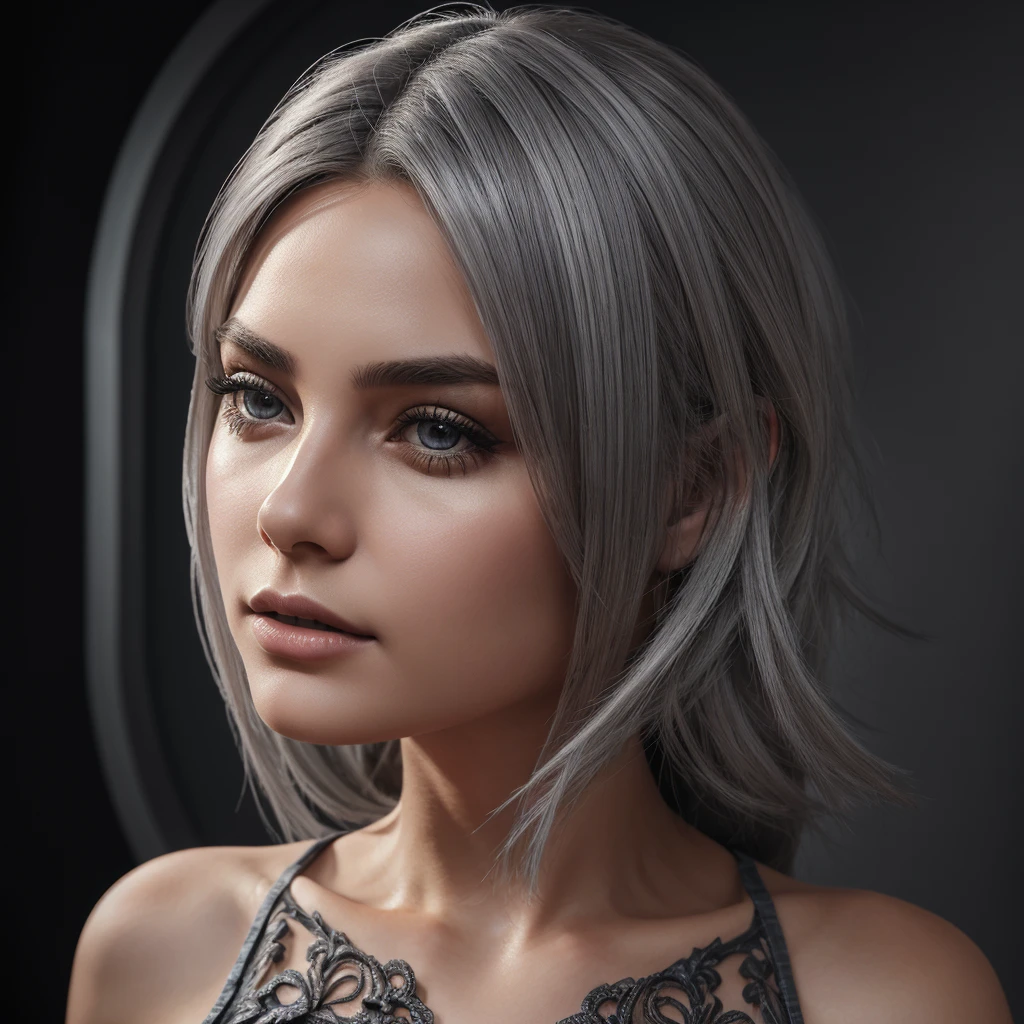 highly detailed, 8k, masterpiece, 1girl, Grey two-tone_hair, dress , , (perfect_face), ornate, intricate, dramatic lighting, 4k, detailed_background, caustics, portrait, , from_side  
