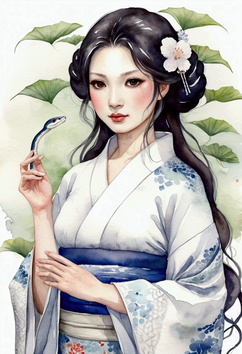 白い蛇ととても美しい紫色の龍の模様のkimono着たJapanese women　A cute white snake with a calm expression　kimono　Japanese women　Watercolor　spiritual　Year of the Snake