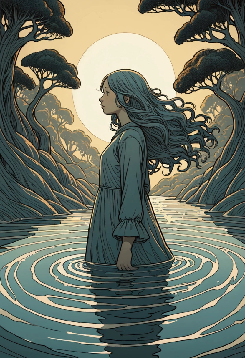 ((Inspired by John Kenn Mortensen)), Low Angle Shot, absurd, high resolution, Extremely detailed, (1 Girl:1.3), Hand Painted, Simple lines, Standing in the water, Flowing hair