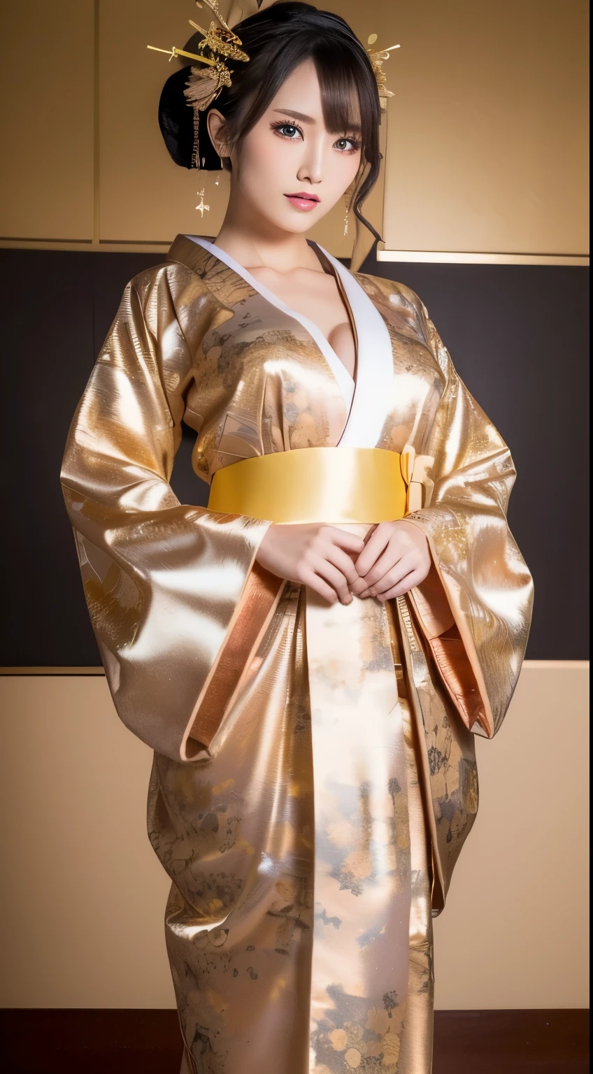 ((masterpiece(:1.4),Highest quality,Ultra-high resolution,Highest quality,8k,Extremely detailed,In detail))。night,Japanese,(A beautiful woman),glossy,slim,Large Breasts(1.6),sexy,glamorous,((Golden Ratio Style,Perfect Style)),Narrow waist,Flashy gal makeup,Japanese garden,Oiran,Prostitute,Sunny day outfit,Uchikake,Gold brocade,((A gorgeous kimono)),A cutting board belt tied in front,Hair tying,hairpin,hair ornaments,Gorgeous costumes,Beautiful standing posture,Presence,Exude sex appeal,looking at the camera,Show off your style,Big Breasts,